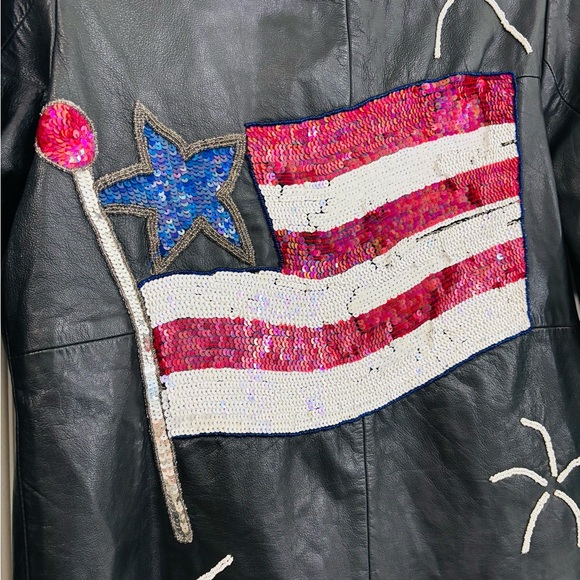 Black Leather Jacket with USA Flag, Red Stars, Small - Picture 4 of 8